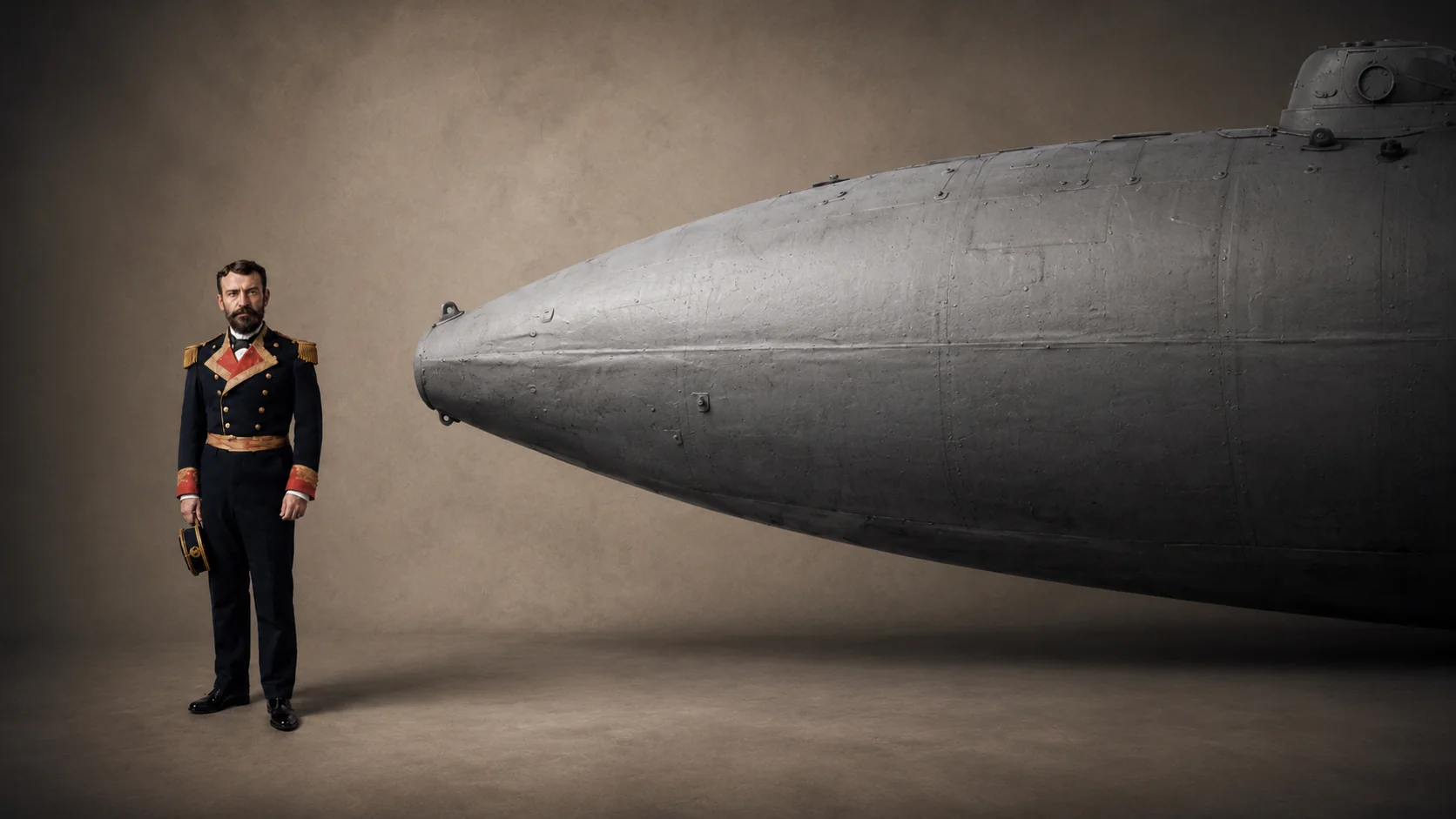 Isaac Peral recreado junto a su submarino