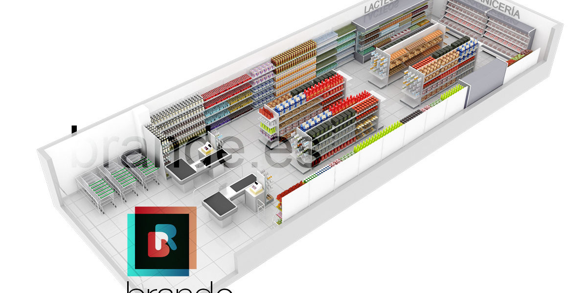Infografía vista 3d de supermercado con estanterías
