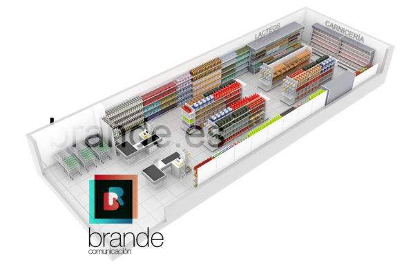 Infografía vista 3d de supermercado con estanterías